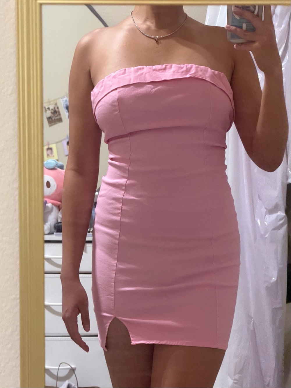 Strapless Pink Bodycon Mini Dress with Ruffle Trim